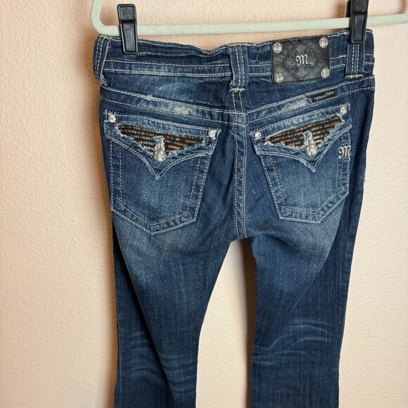 Miss Me Metal Studded Distressed Boot Cut VTG low rise sz 28 jean dark wash - Picture 1 of 6